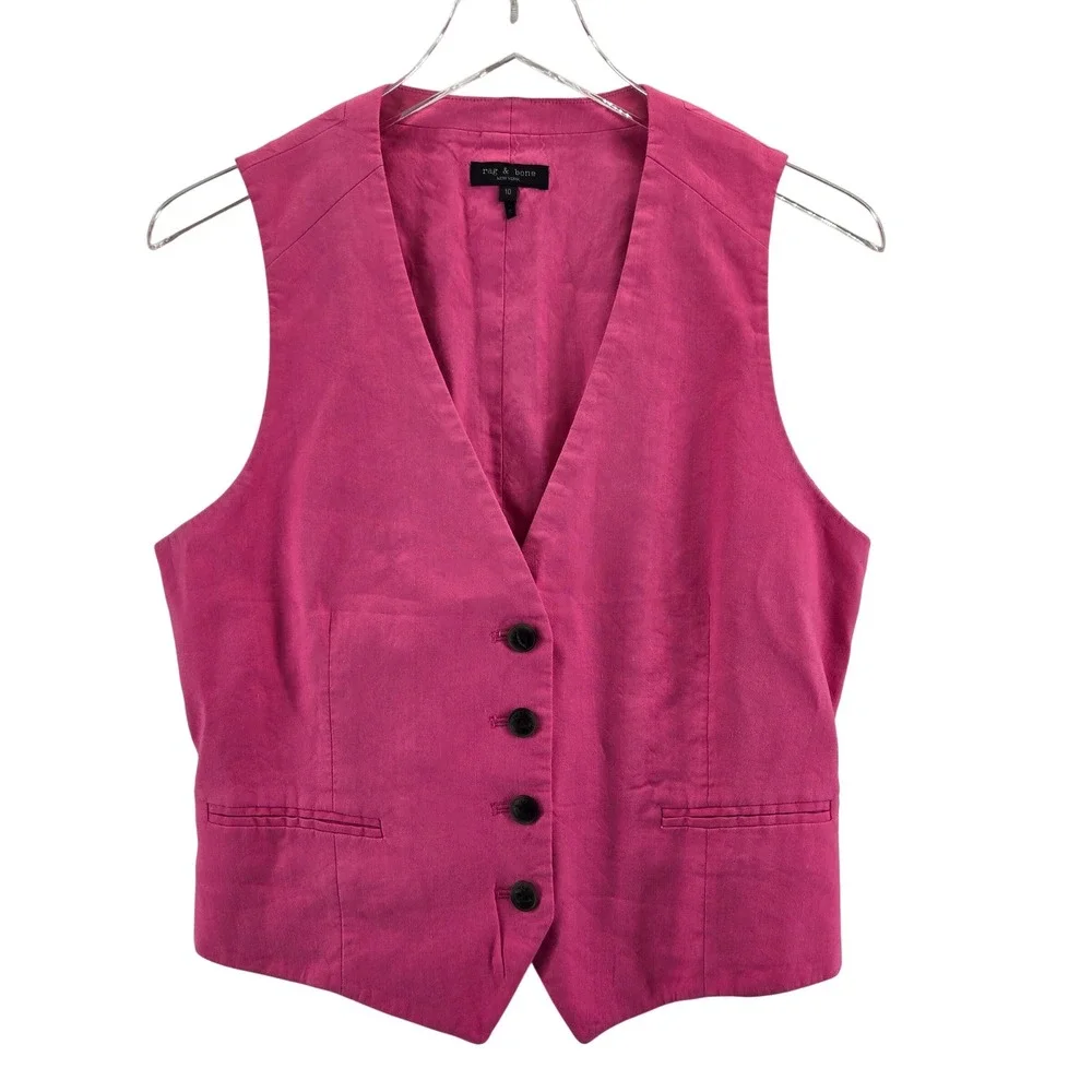 Rag & Bone Priya Linen Blend Vest Hot Pink Women Size 10 V-Neck Waistcoat - Picture 2 of 10
